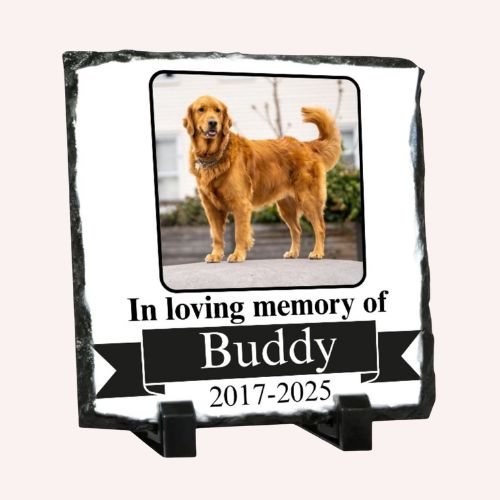 Personalised Pet Memorial Slate – In Loving Memory Photo Plaque with Stand